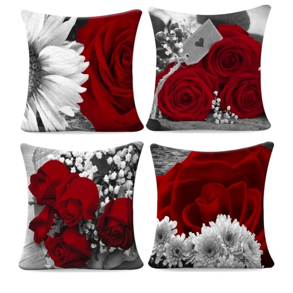 Red Rose Pillow Covers 4 Pack Romantic Black Gray Flower Farmhouse 18 x 18 - Picture 1 of 4